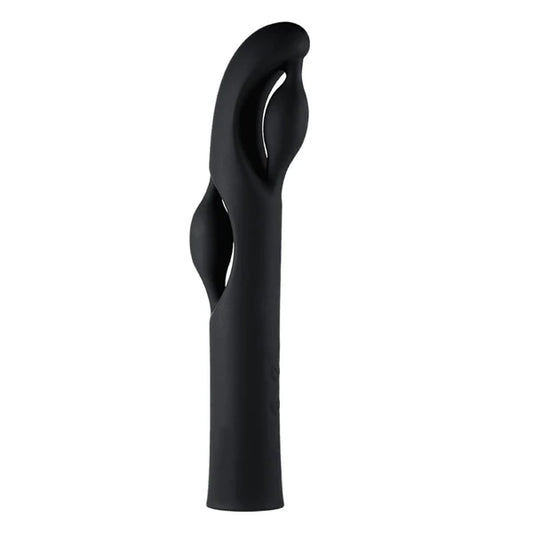 Black silicone personal wellness massager with ergonomic, curved dual-tip design