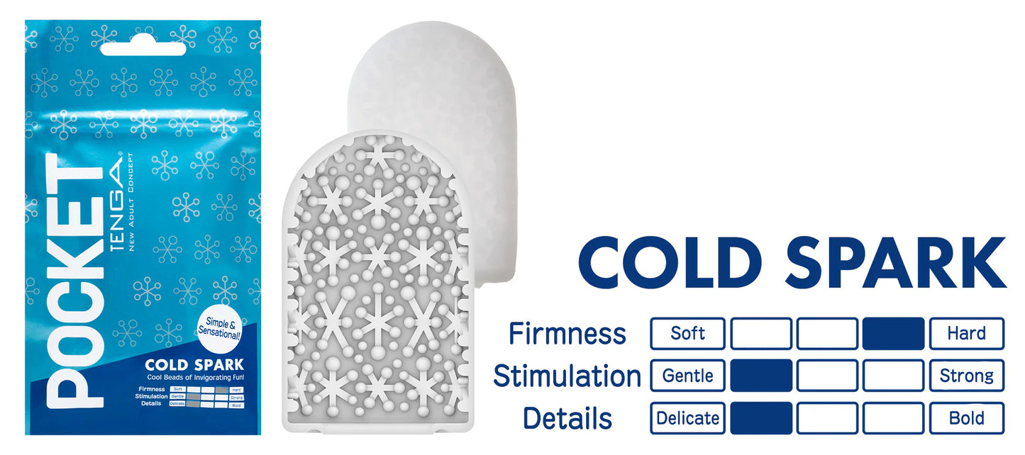Tenga Pocket Cold Spark soft textured sleeve with blue packaging and product feature chart