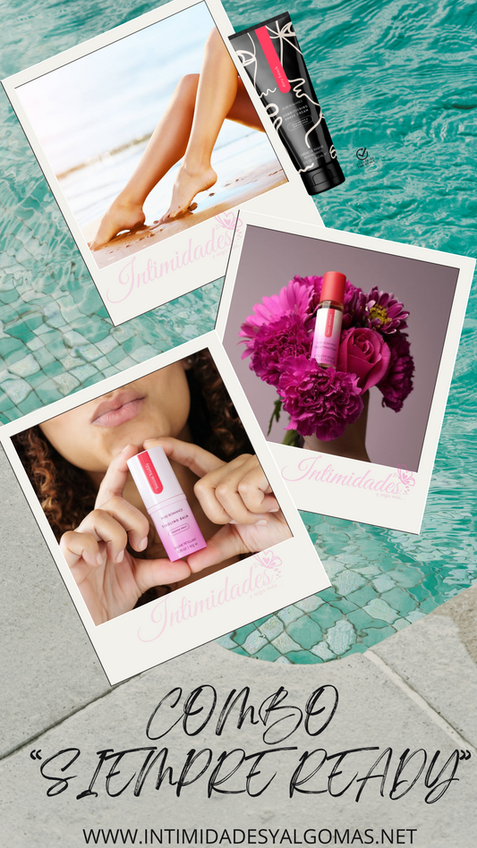 Summer skincare combo with moisturizing balm, intimate gel, and feminine wellness products by the pool.