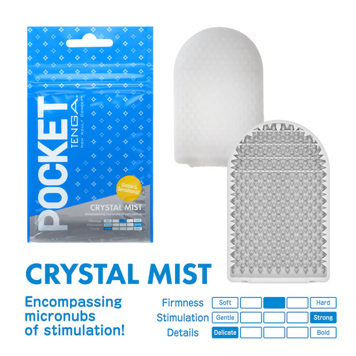 Tenga Pocket Crystal Mist textured stimulation sleeve with blue packaging, soft nubs design