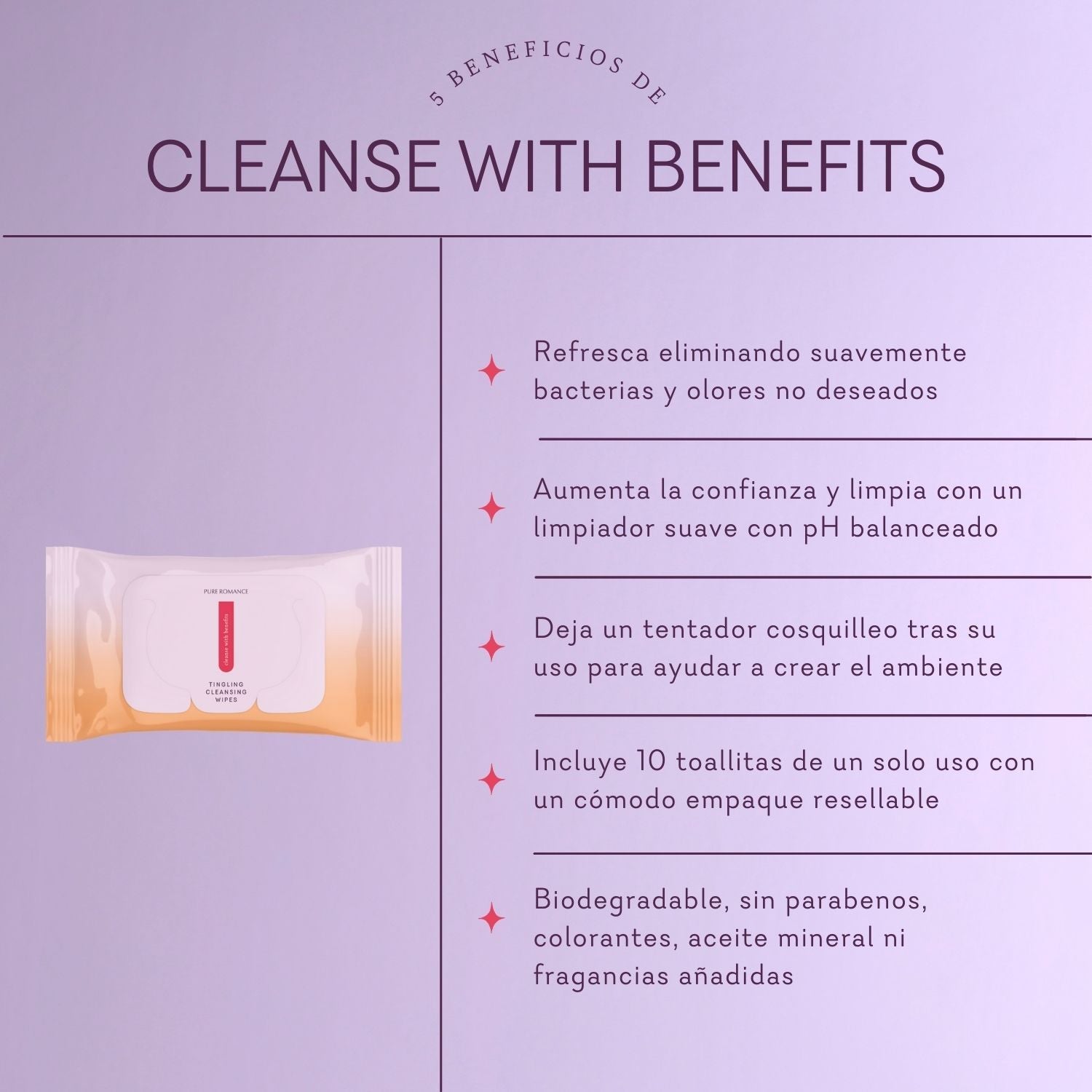 Skincare cleansing wipes package with Spanish benefits list on light purple background