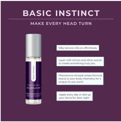 Purple bottle of Basic Instinct unisex pheromone roll-on with key benefits on purple background.