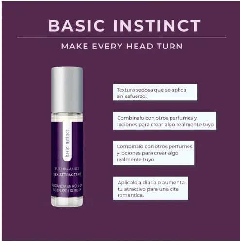 Purple Basic Instinct roll-on perfume with silver cap, described for daily use and romantic appeal.