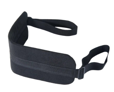 Adjustable black velvet restraint strap on white background for wellness and massage