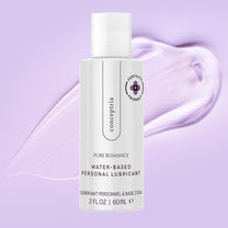 Pure Romance water-based personal lubricant bottle on light purple background with gel texture.