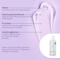 Ingredients and benefits of a clear personal lubricant on a purple background with product bottle.