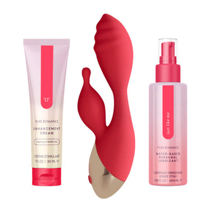 Red silicone massager, enhancement cream, and water-based lubricant set for wellness