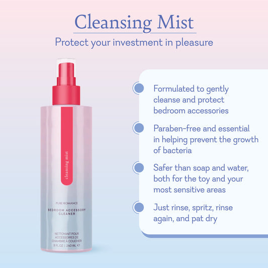 Cleansing Mist bottle for bedroom accessories with paraben-free, antibacterial, gentle formula highlights.