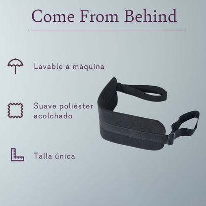 Adjustable padded polyester black strap, machine washable, one size, comfortable fit.