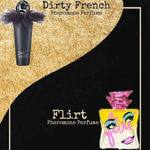 Two pheromone perfume bottles, Dirty French and Flirt, with artistic packaging on a gold and black background.