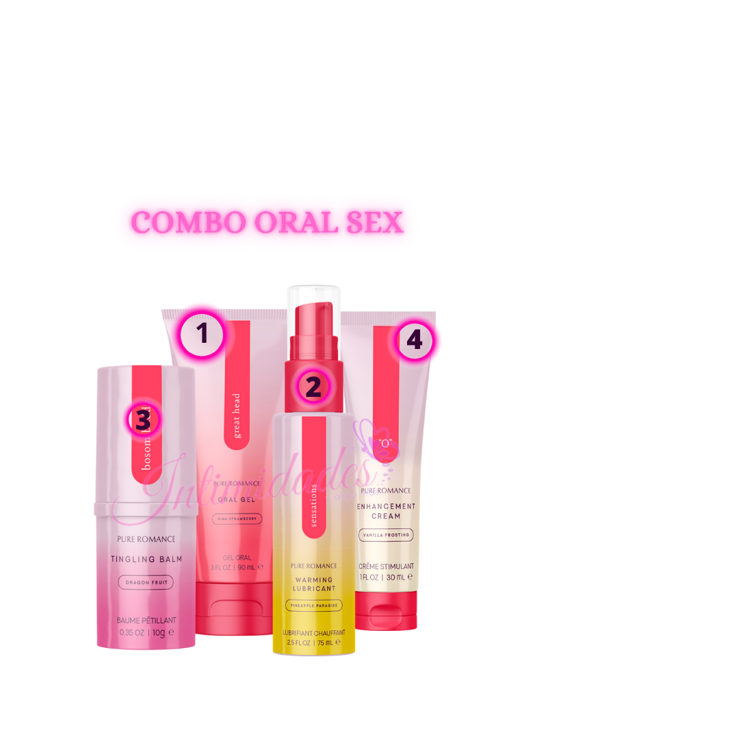 Combo pack of Pure Romance intimacy products, including oral gel, warming lubricant, tingling balm, and enhancement cream in pink packaging.