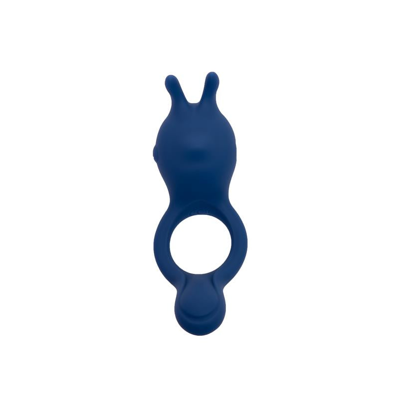 Blue silicone vibrating ring with rabbit ears on white background, adult wellness product