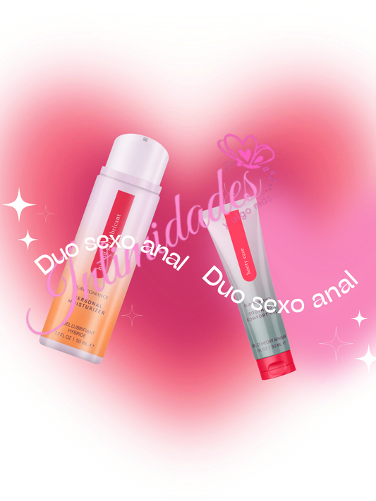 Two personal lubricants for couples on a pink heart background with 'Duo sexo anal' text.