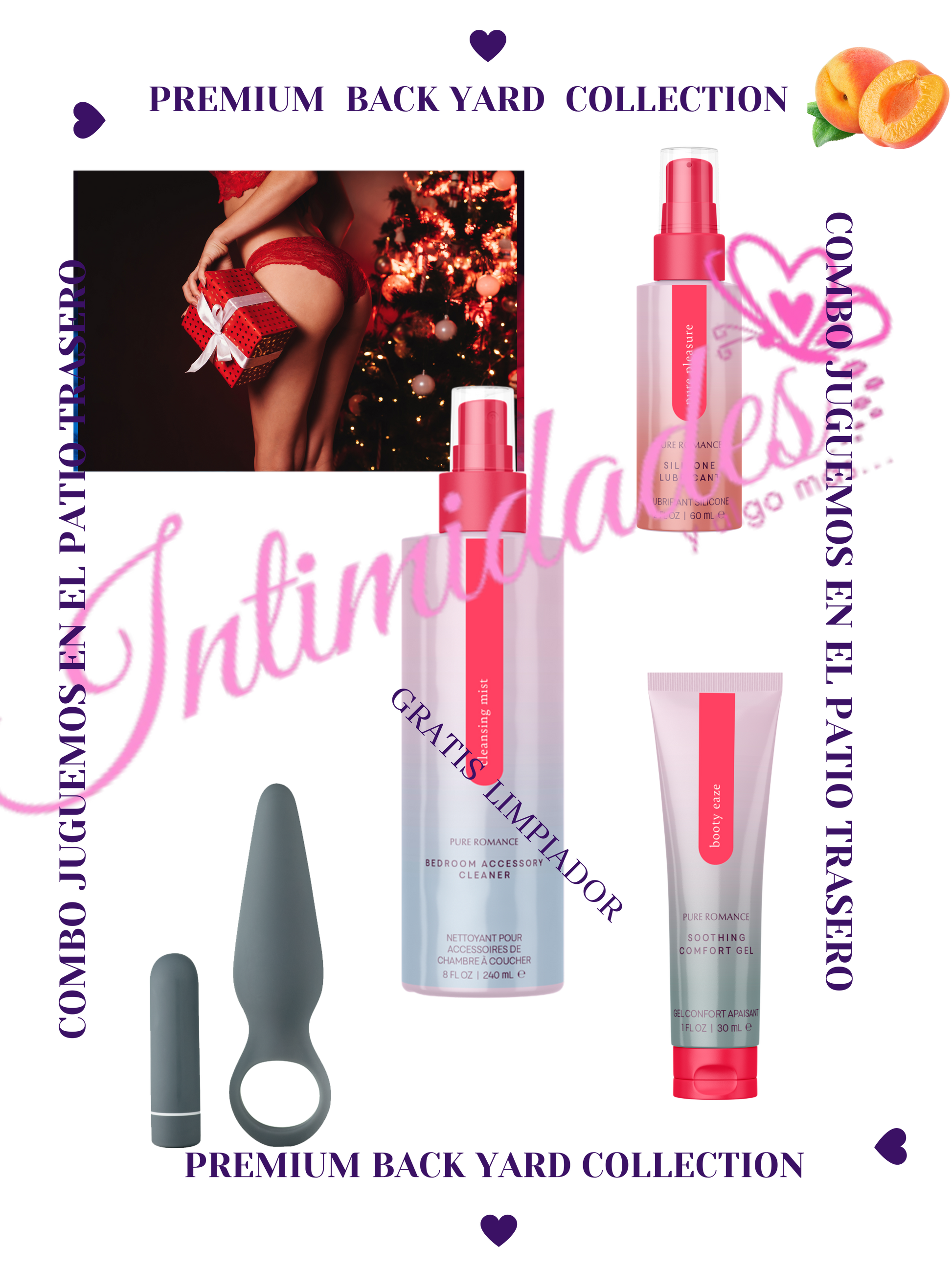 Premium intimate care set with massage products, adult toys, and cleanser, festive theme.