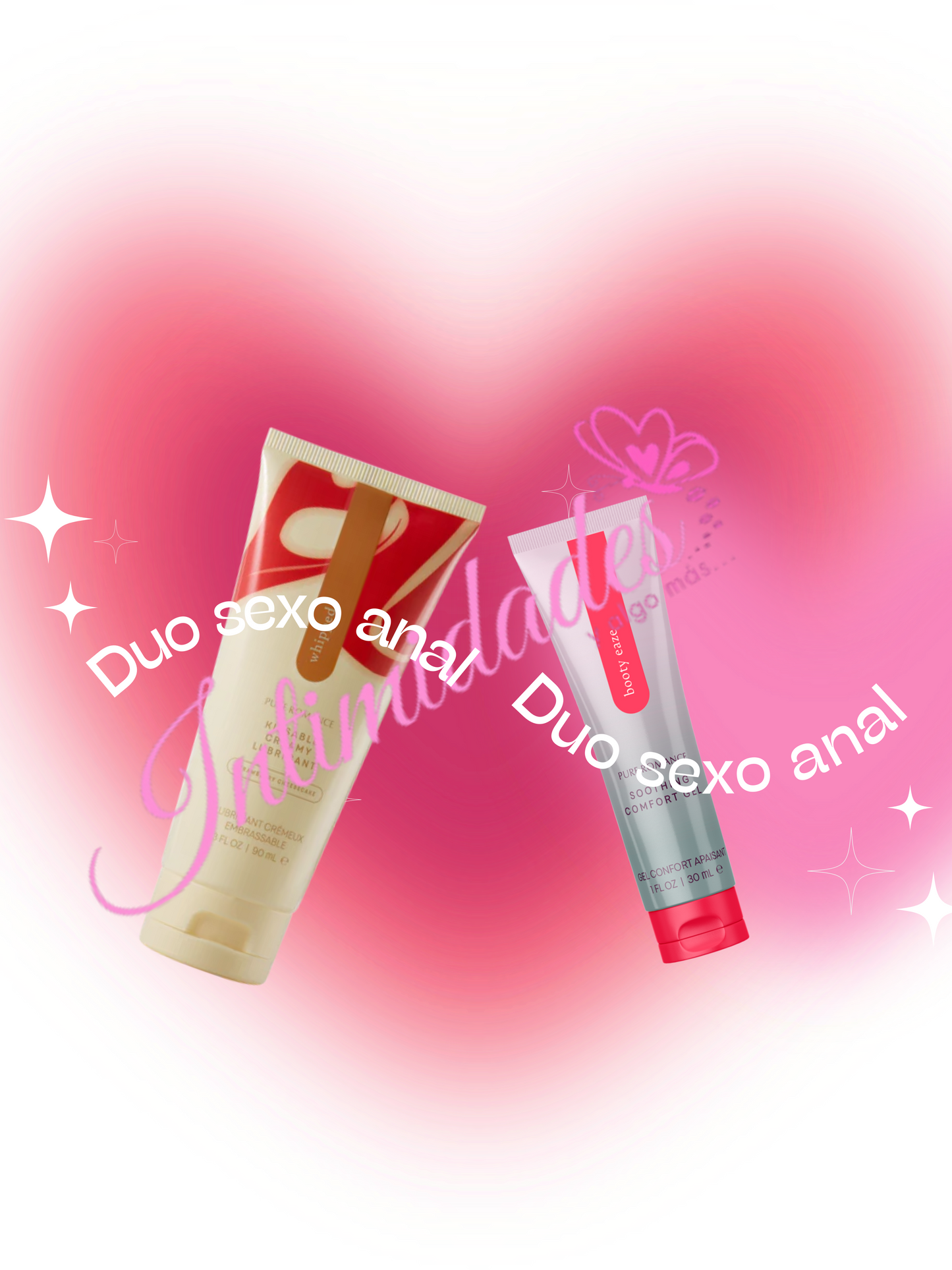 Two intimate care creams on a pink heart background for couples wellness and massage.