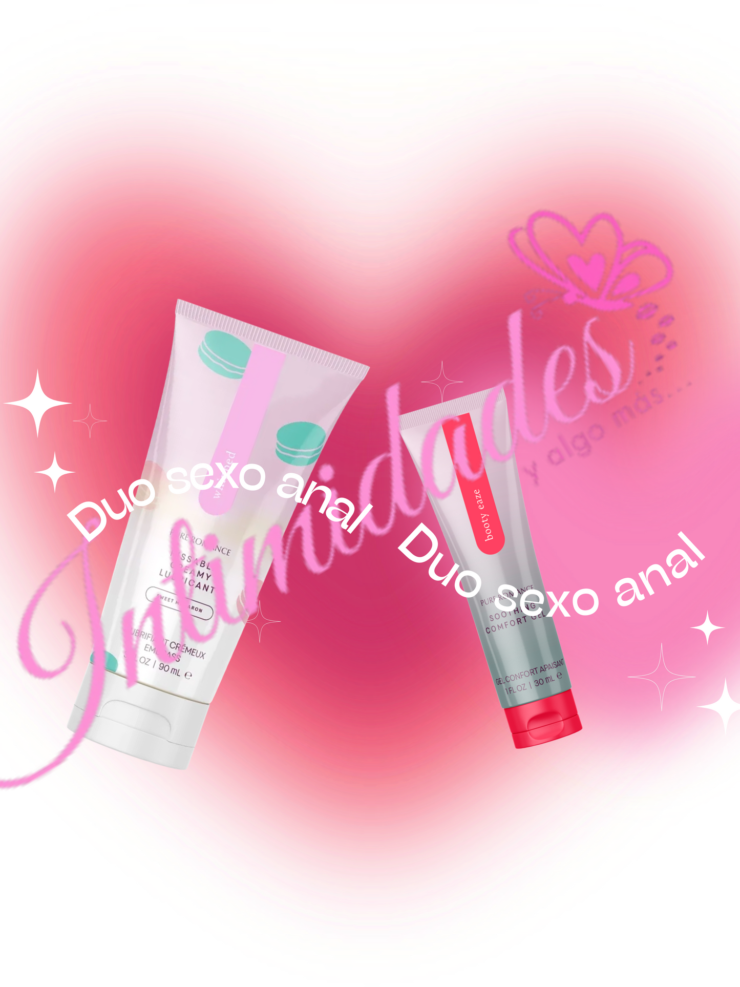 Duo set of lubricants for intimate wellness on a pink heart background with sparkles.