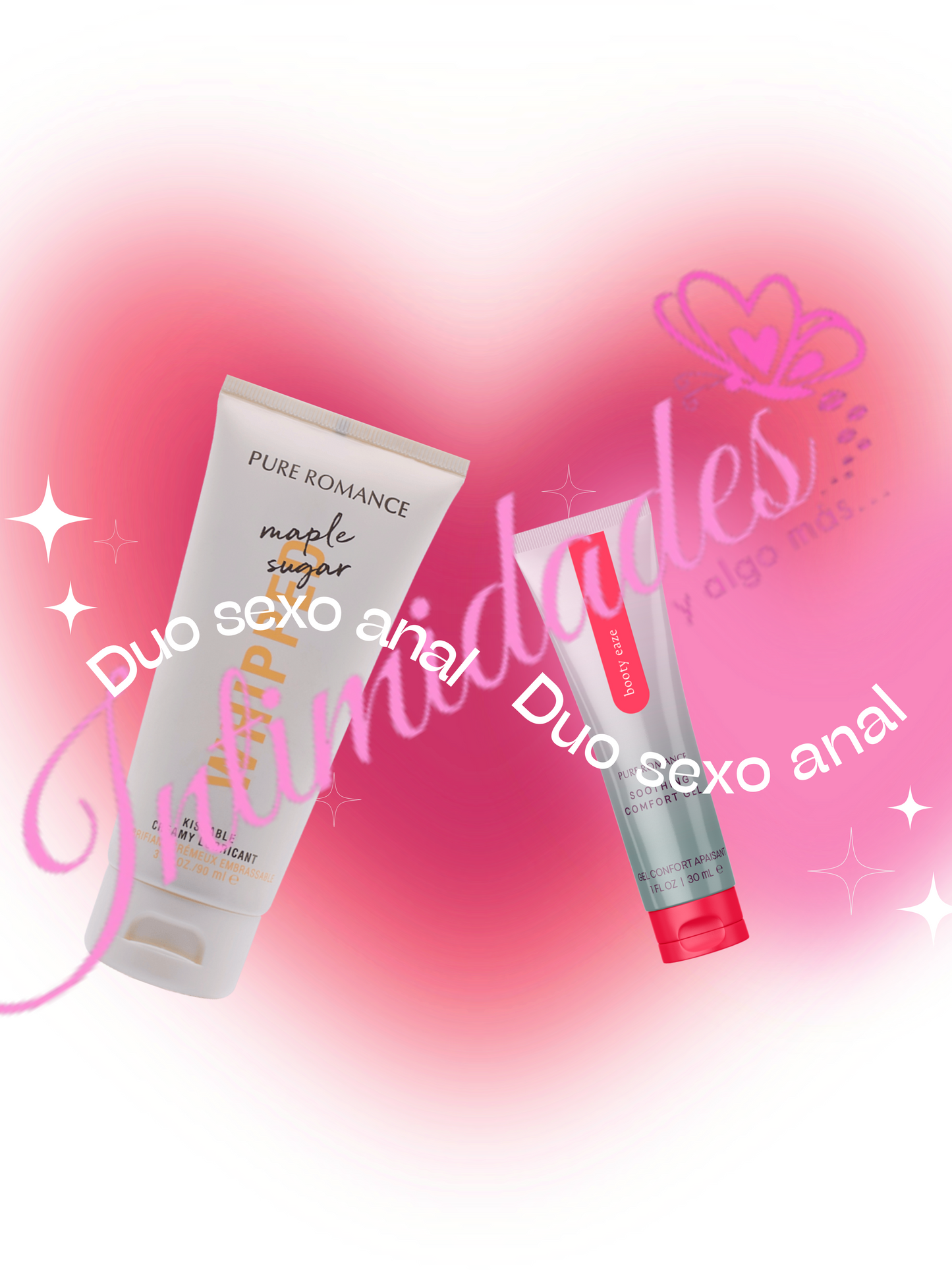 Duo of Pure Romance lubricants with maple sugar flavor and soothing gel on a pink heart background