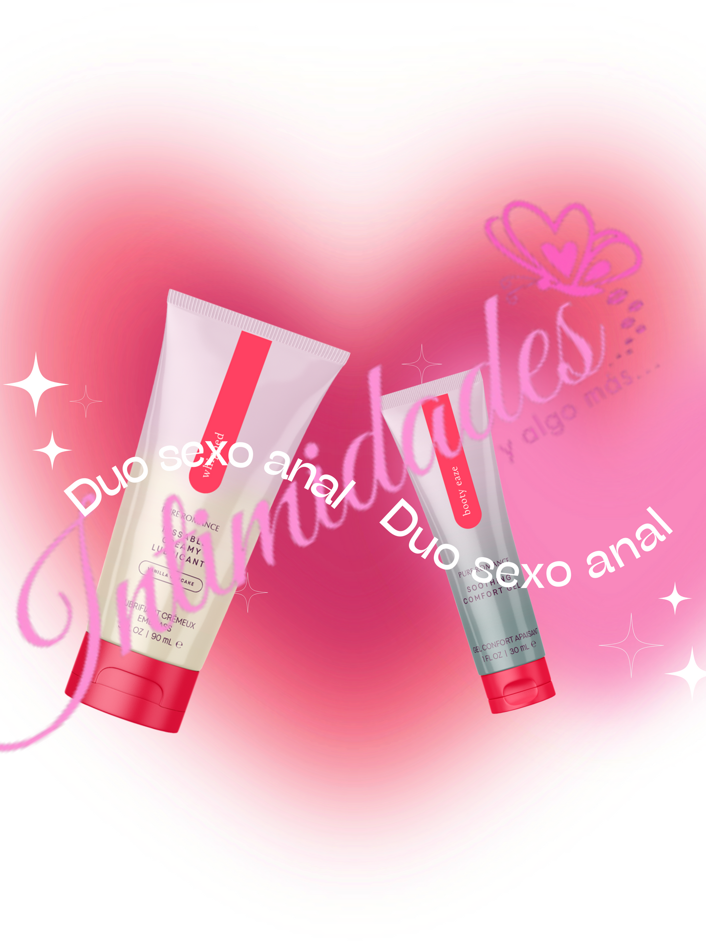 Duo set of creamy vanilla lubricant and soothing gel tubes on pink heart background