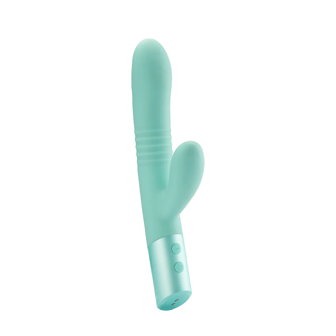 Aqua blue silicone dual-action vibrator with curved shaft and two control buttons.