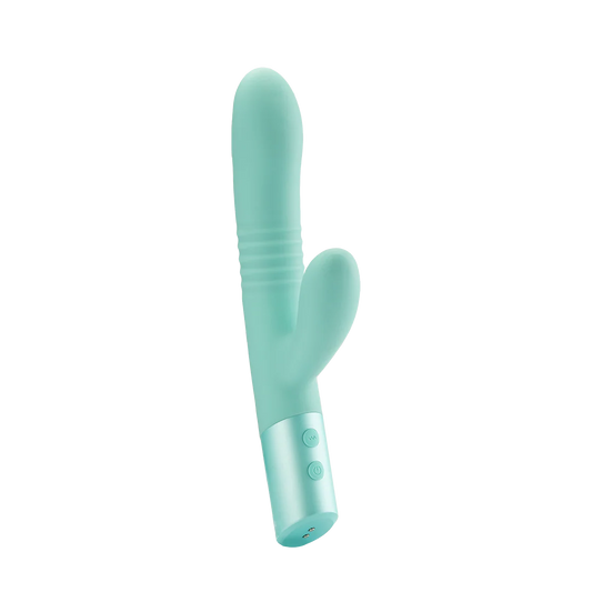 Aqua blue silicone dual-action vibrator with curved shaft and two control buttons.