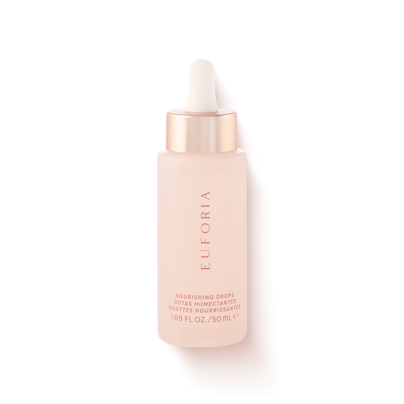 Euforia nourishing drops skincare serum in pink frosted glass bottle with dropper