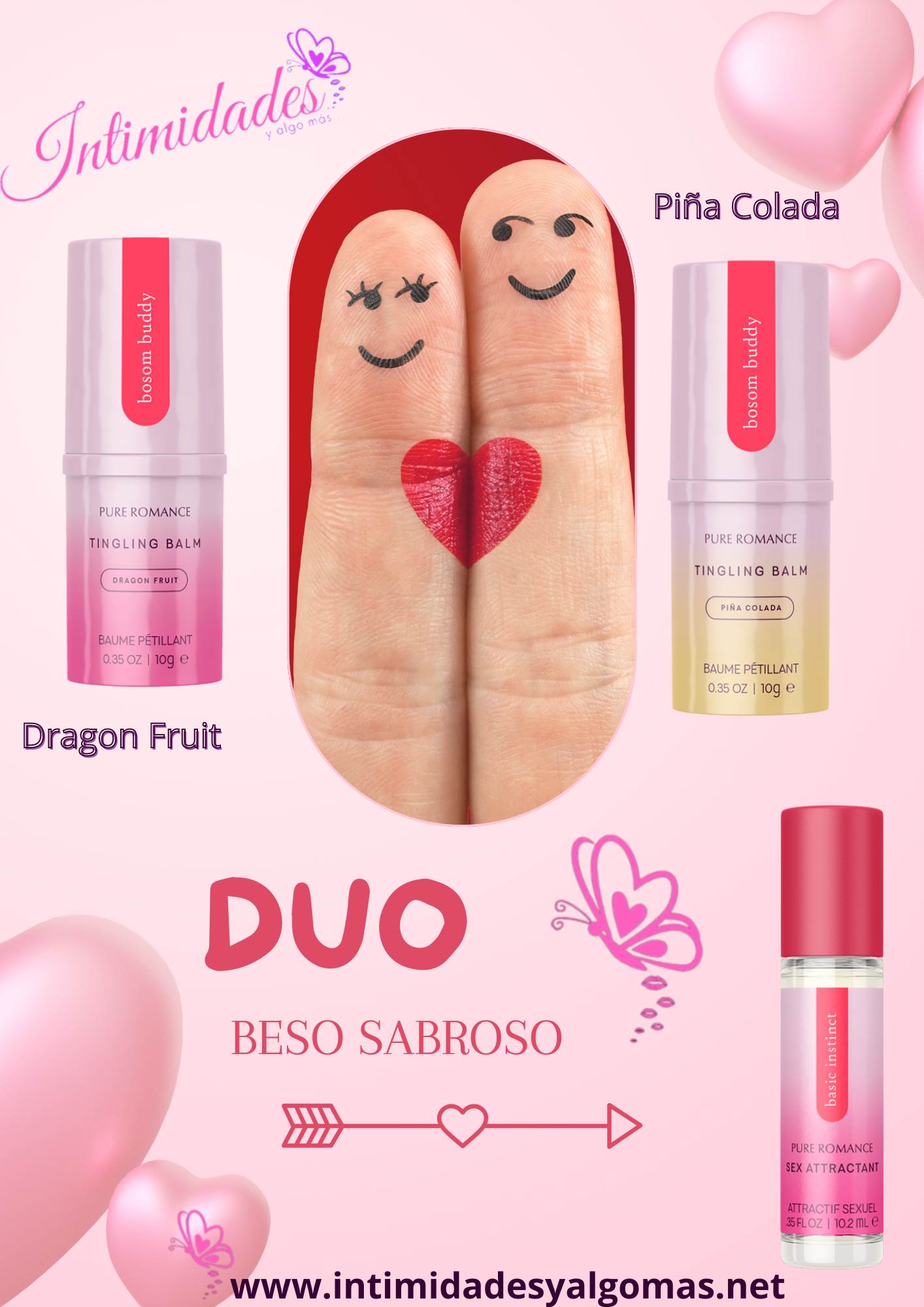 Duo lip balm set with Dragon Fruit and Piña Colada flavors, romantic design, and hearts.