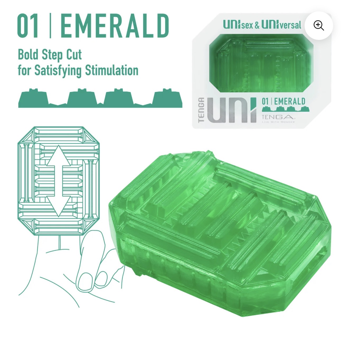 Green Tenga Uni Emerald unisex stimulation toy with step-cut texture design, packaging shown.