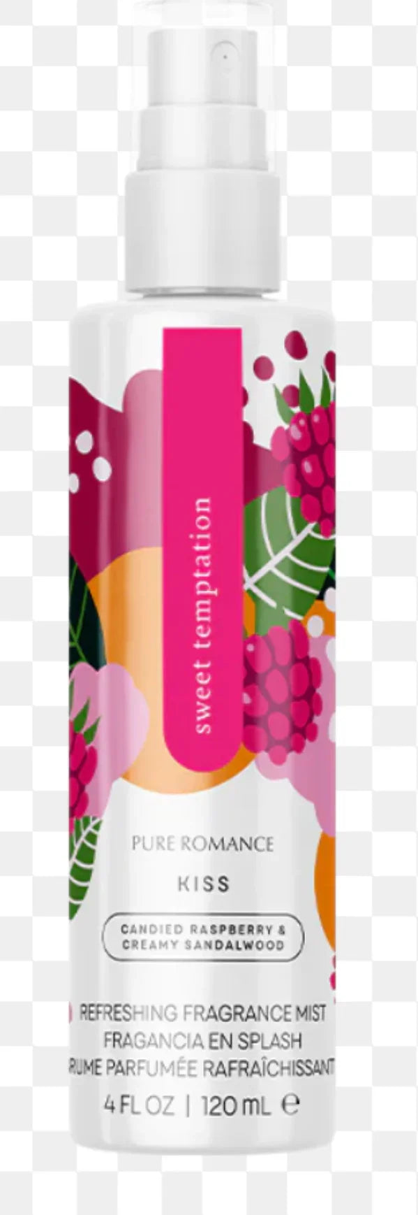 Sweet Temptation Pure Romance Kiss body mist with raspberry and sandalwood, 120 ml bottle