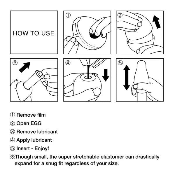 Step-by-step illustrated instructions for using an egg-shaped personal wellness product.