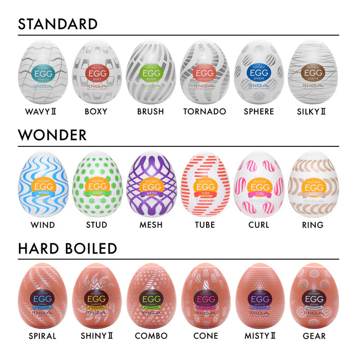 Assorted Tenga egg-shaped male stimulators featuring various colors, textures, and categories.