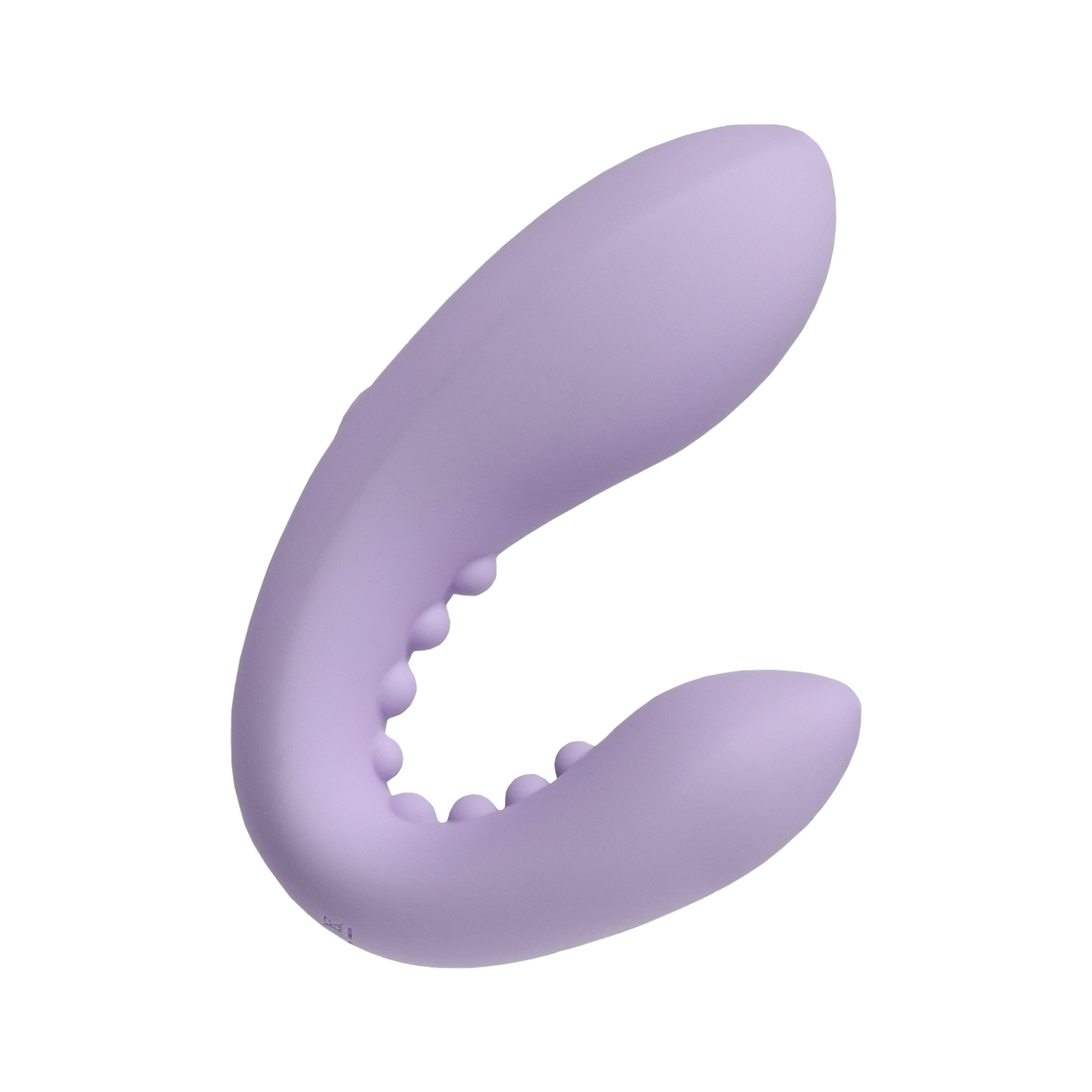 Purple silicone couples massager with curved, flexible design and textured beads