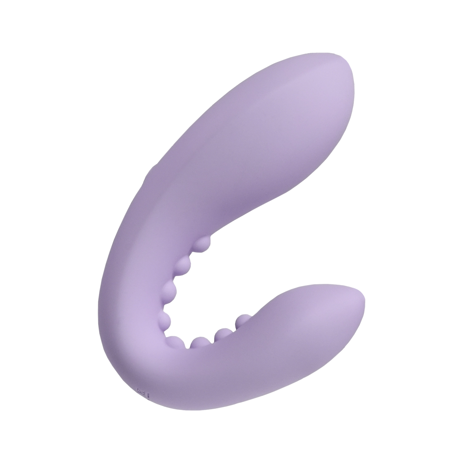 Purple silicone couples massager with curved, flexible design and textured beads