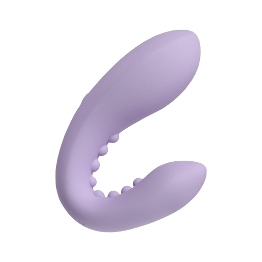 Purple silicone couples massager with curved, flexible design and textured beads