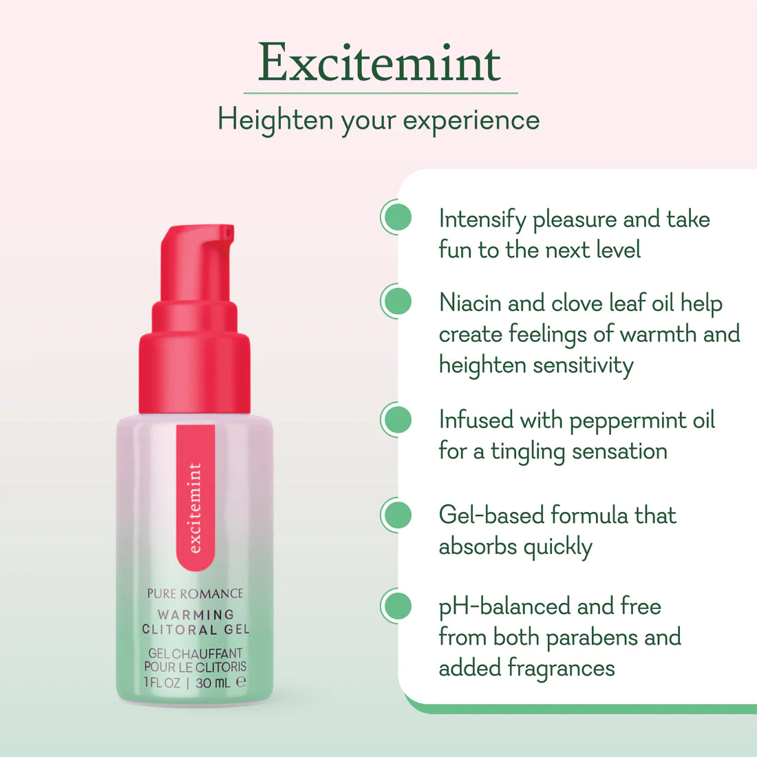 Excitemint warming clitoral gel bottle with product benefits, sexual wellness, pH-balanced, paraben-free