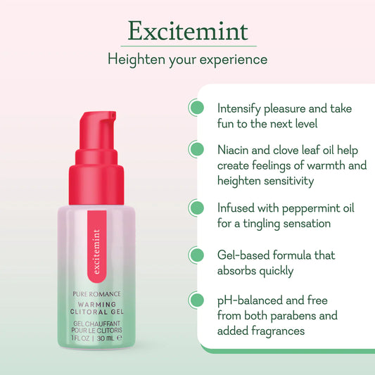 Excitemint warming clitoral gel bottle with product benefits, sexual wellness, pH-balanced, paraben-free