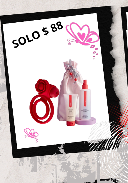 Self-care set with red ring, skincare products, drawstring bag, flowers, price $88