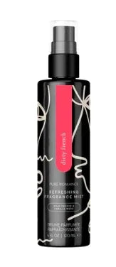 black fragrance mist spray bottle with abstract white line art and a pink label