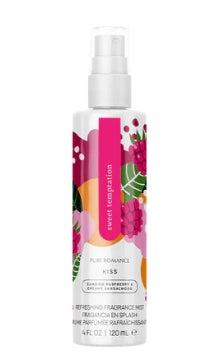 Fragrance mist bottle with floral design labeled sweet temptation, 120 ml size