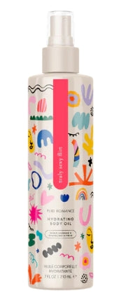 Fragrance mist bottle with colorful abstract design and pink label, hydrating body oil