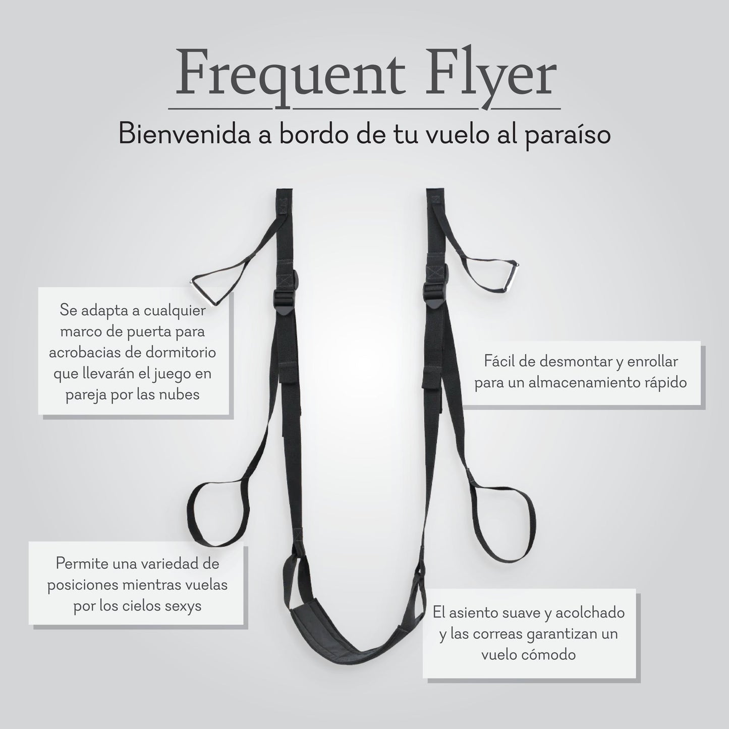 Adjustable black door swing with padded seat and straps, labeled bedroom accessory features.