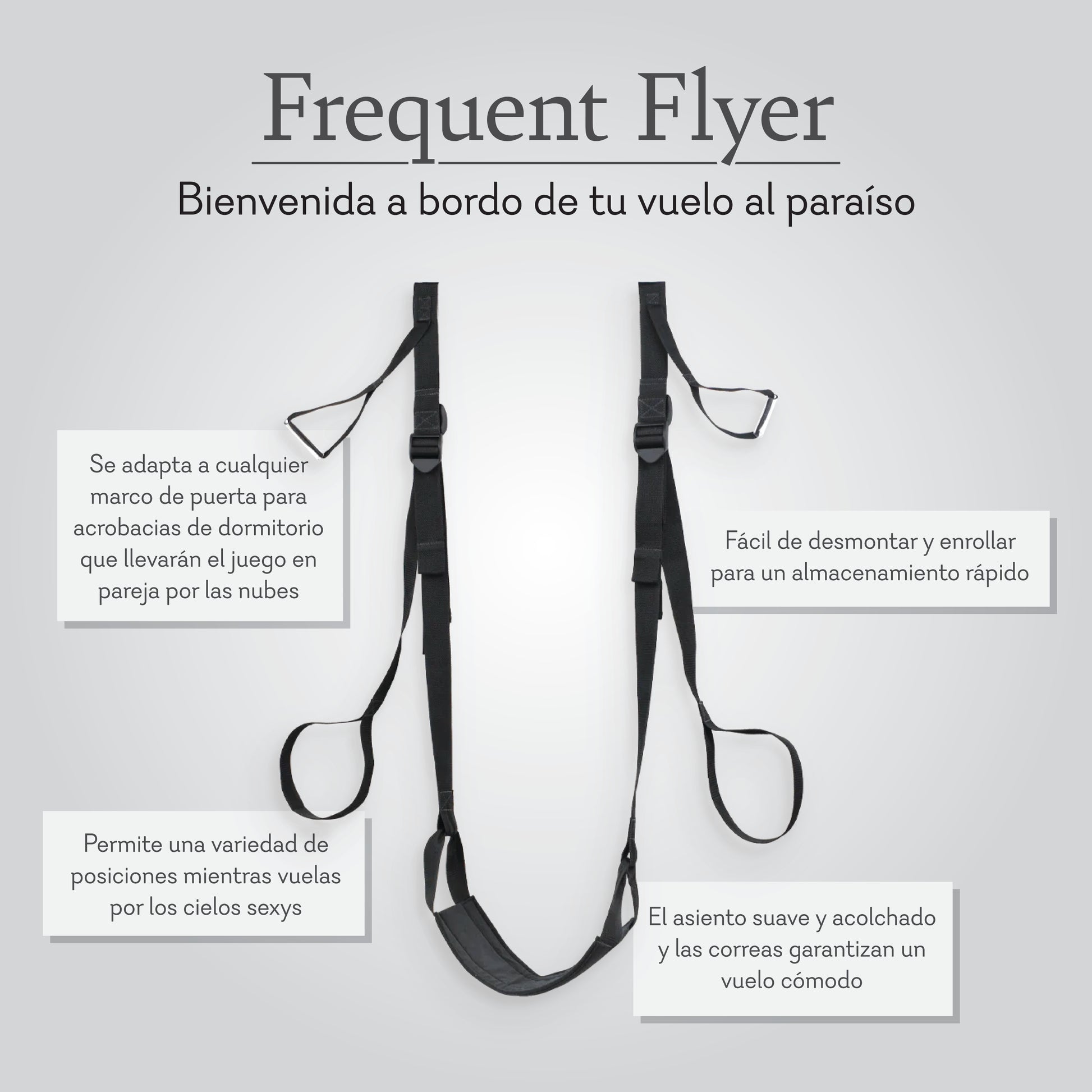 Adjustable black door swing with padded seat and straps, labeled bedroom accessory features.