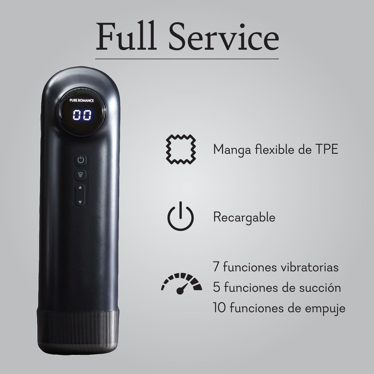 Black rechargeable personal massager with digital display, TPE flexible sleeve, multiple vibration and suction functions, product features listed in Spanish.