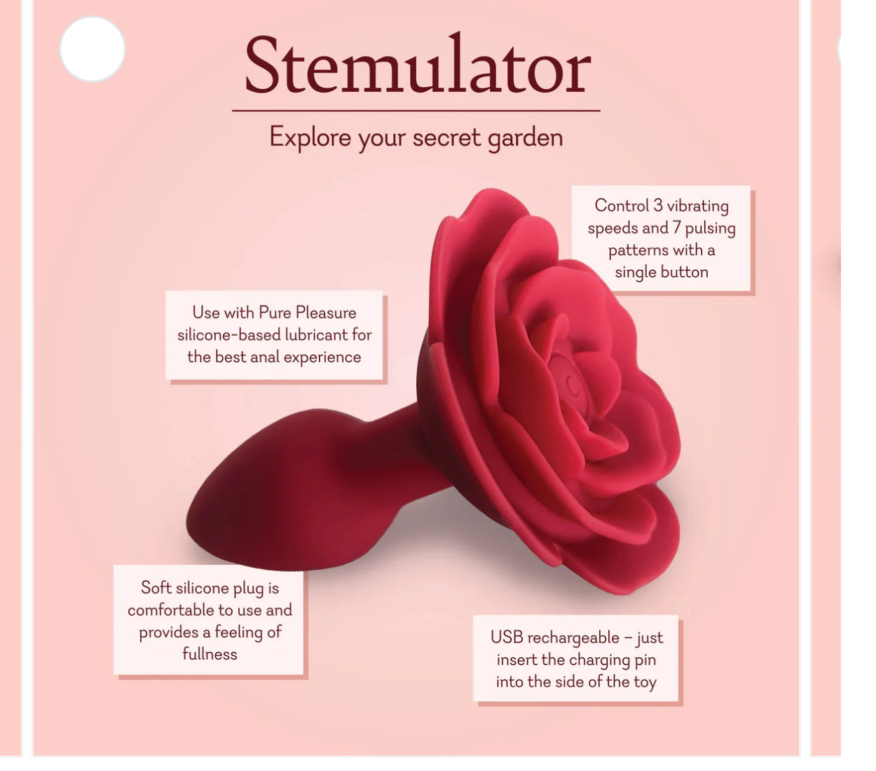 Red rose-shaped silicone vibrating plug with controls and charging feature on pink background.