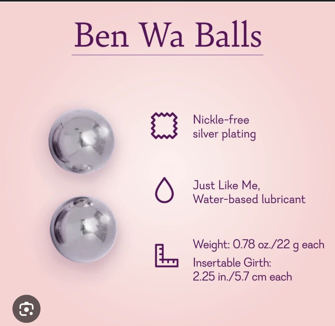 Two nickel-free silver-plated Ben Wa balls with size and lubricant info on a pink background.