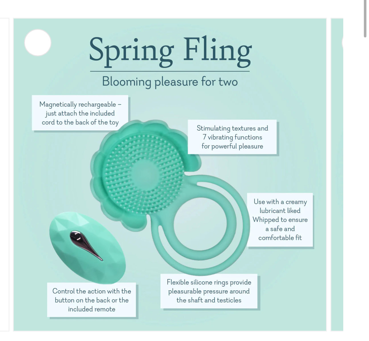 Teal vibrating silicone ring for couples, textured for stimulation, with remote control and magnetic charging.