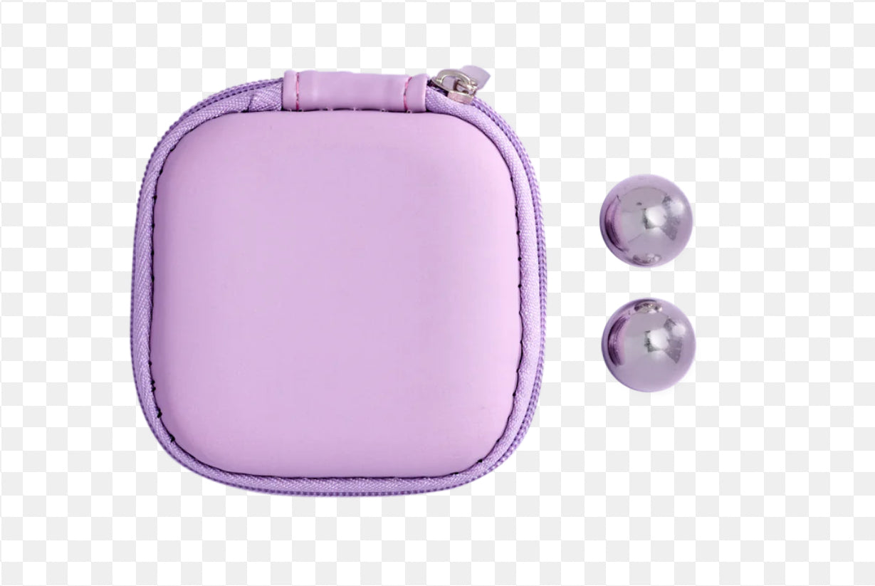 Purple zippered pouch with two metallic kegel balls for pelvic floor exercise