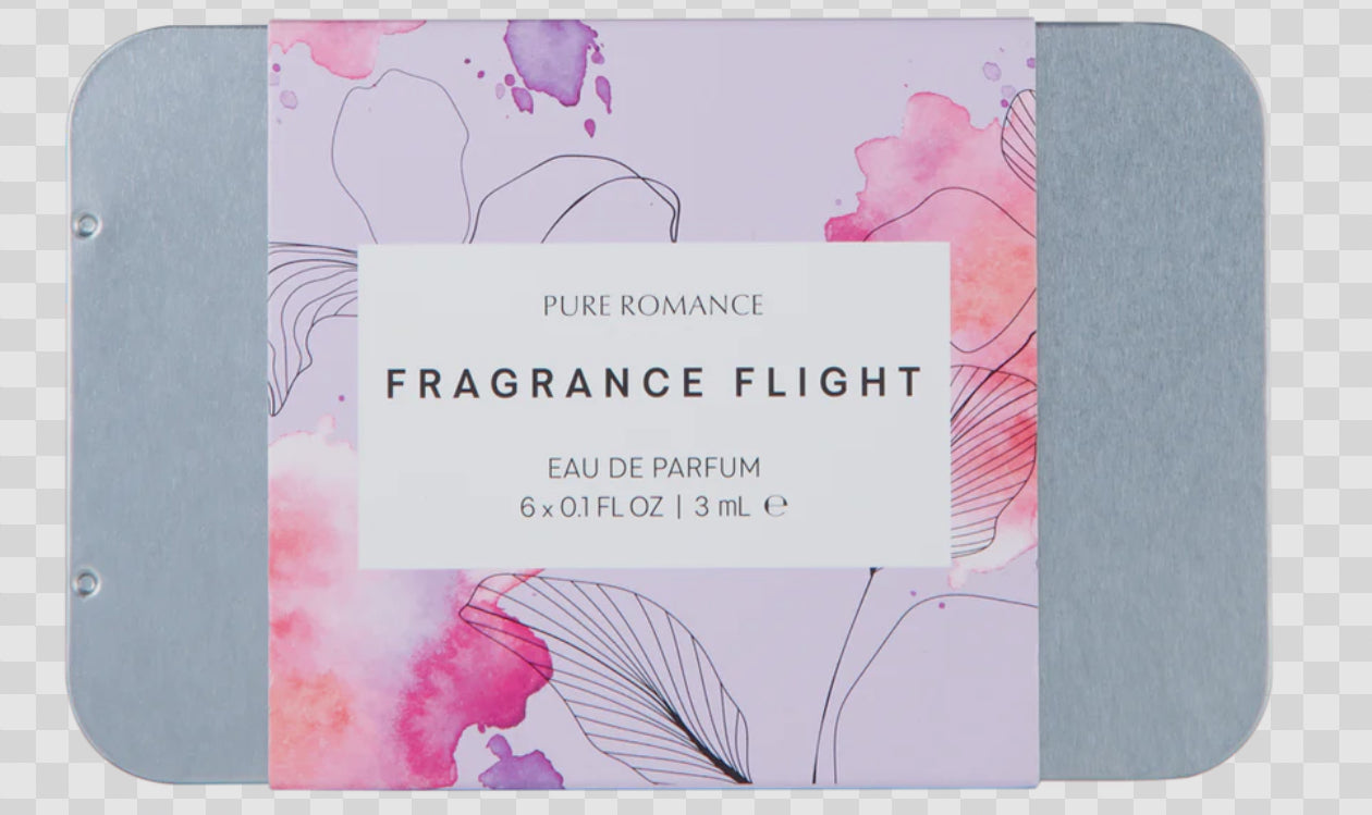 Fragrance Flight eau de parfum set in a rectangular metal tin with floral watercolor design