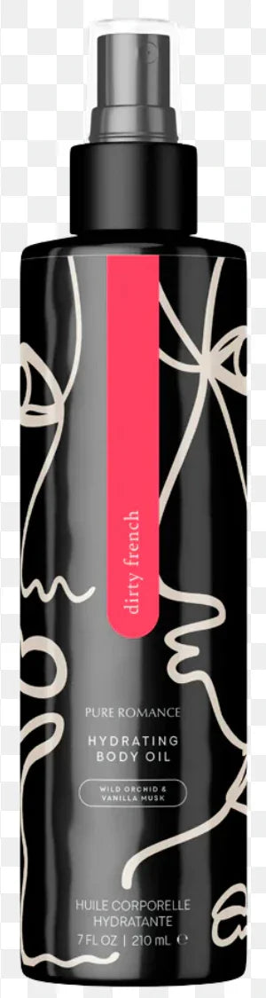 Pure Romance hydrating body oil bottle, Dirty French scent, black with abstract line art design
