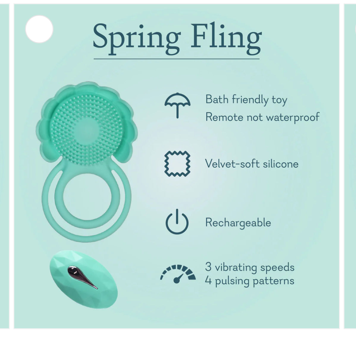 Aqua silicone vibrating ring toy with remote, bath-friendly, rechargeable, three speeds, four patterns.