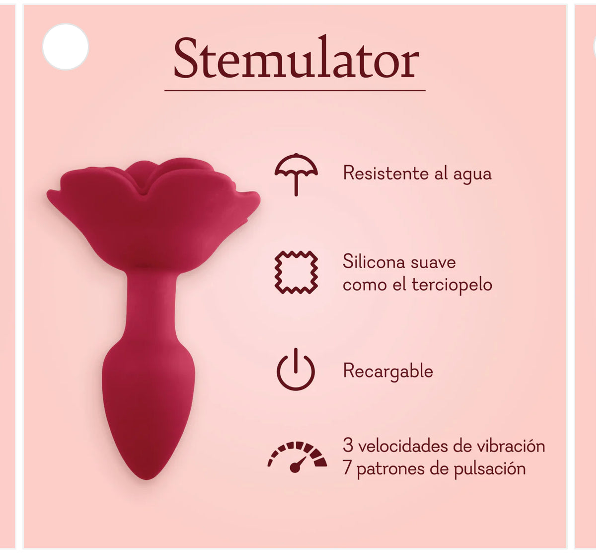 Rose-shaped silicone stimulator, waterproof, rechargeable, with vibration and pulsation modes.